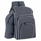A large, grey backpack with multiple compartments and black trim. Features include a front zippered pocket, side pockets, and padded shoulder straps, designed for carrying various items with ease.