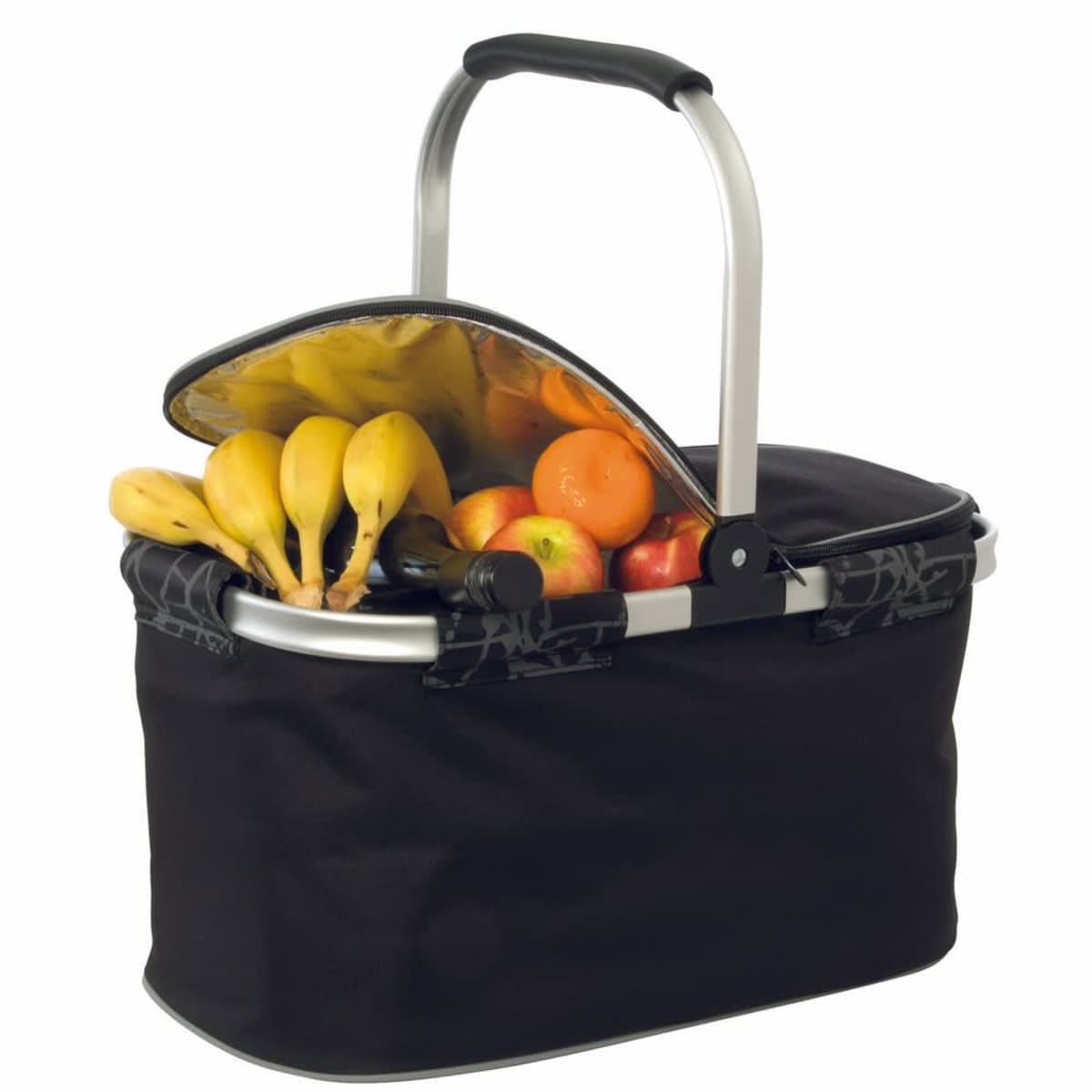 A black insulated picnic basket with a handle is filled with bananas, apples, and an orange. The baskets top is partially open, revealing the fruits inside.