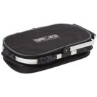 A collapsed black basket with a white handle and a black zipper. The basket is branded with the logo DOMINO MEDIA and appears to be made of fabric with an aluminum frame.
