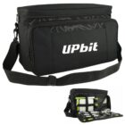 A black shoulder bag with the word UPbit printed on the front pocket. The interior is displayed below, showing organized compartments with various tools and accessories inside. The bag features a strap for carrying.