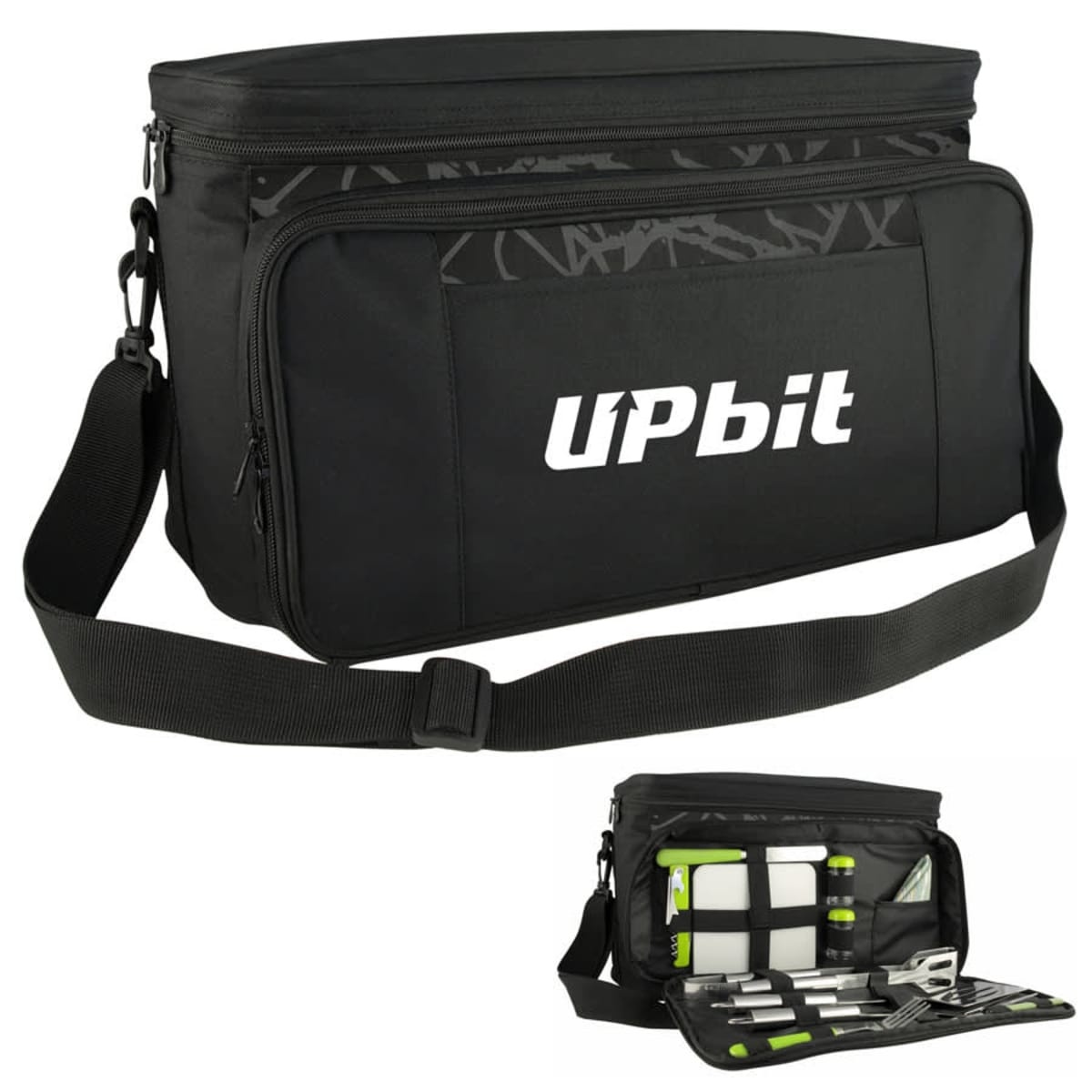 A black shoulder bag with the word UPbit printed on the front pocket. The interior is displayed below, showing organized compartments with various tools and accessories inside. The bag features a strap for carrying.