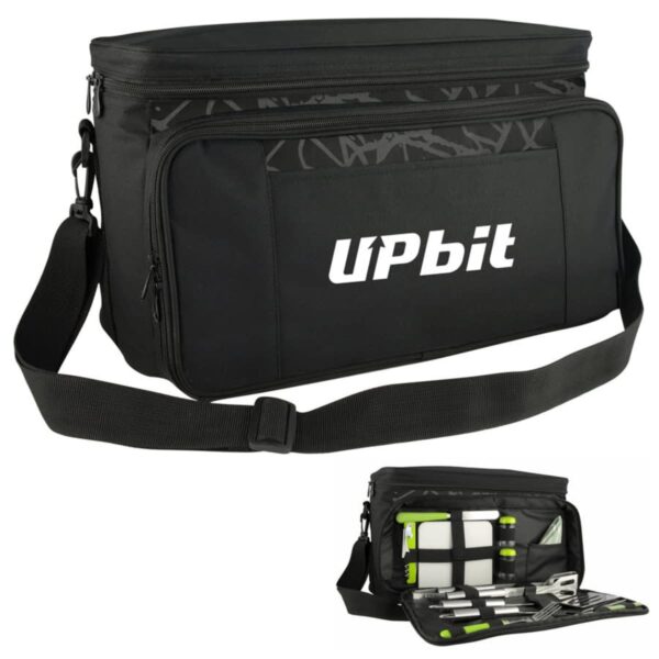 Black shoulder cooler bag with Upbit branding. Featuring a patterned main compartment and large front pocket. Displayed below is an organized arrangement of tools and accessories, including a flashlight and utensils, from the front pocket.