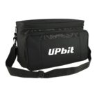 Black insulated cooler bag with a zippered main compartment and a front pocket featuring the text UPbit in white. It has an adjustable shoulder strap and a handle on top.