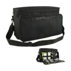Black shoulder bag with multiple compartments. The main section is spacious, and a front pocket is shown open, revealing organized slots for gadgets and accessories. The bag has an adjustable strap and is designed for tech or gadget storage.
