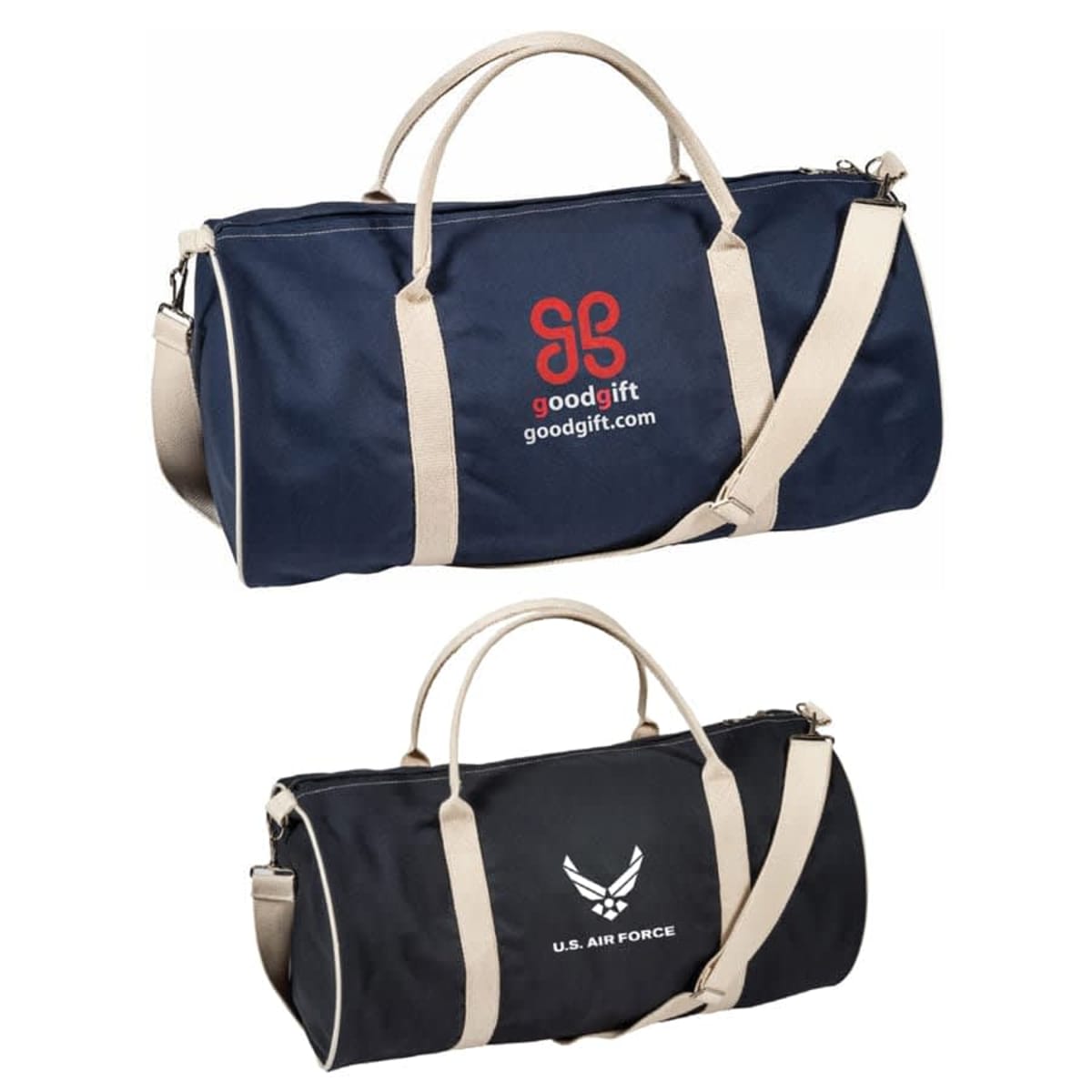 Two duffel bags with beige straps. The top bag is navy with goodgift and a red logo, while the bottom bag is black with the U.S. Air Force emblem and text. Both bags have shoulder straps and carry handles.