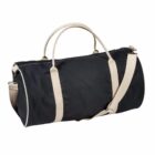 A black duffel bag with beige handles and an adjustable shoulder strap. It is zipped closed, and the bags cylindrical shape is evident.