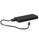 A black portable power bank with a connected charging cable on a white background. The device has a slim, rectangular design and features visible ports on one side.