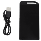 A black rectangular power bank with a rounded edge lies next to a black USB charging cable, coiled neatly. The power bank has a cutout handle on one side. The cable has a USB connector on one end and a micro USB connector on the other.