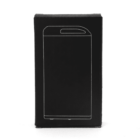 A black rectangular box with a simple white line drawing of a smartphone on the front. The drawing features a rectangular screen and a small semi-circular shape at the top, resembling an earpiece.
