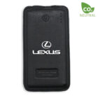 Black key fob with a power button symbol and three small lights. It features the Lexus logo and The Relentless Pursuit of Perfection slogan. A CO2 Neutral label with a green leaf is in the top right corner.