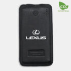 A black leather key case featuring the Lexus logo and the words The Relentless Pursuit of Perfection. There is a power button symbol at the top and a CO2 Neutral green logo in the upper right corner.