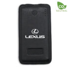 A black rectangular key fob with the Lexus logo in the center. Its leather-textured with a power button symbol at the top and a small screen at the bottom. A CO2 Neutral label with a green leaf icon is in the upper right corner.