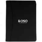 A black folder with a curved design on the left side. The front features the text ROSO Non-Alcoholic Bitter in white, centered.