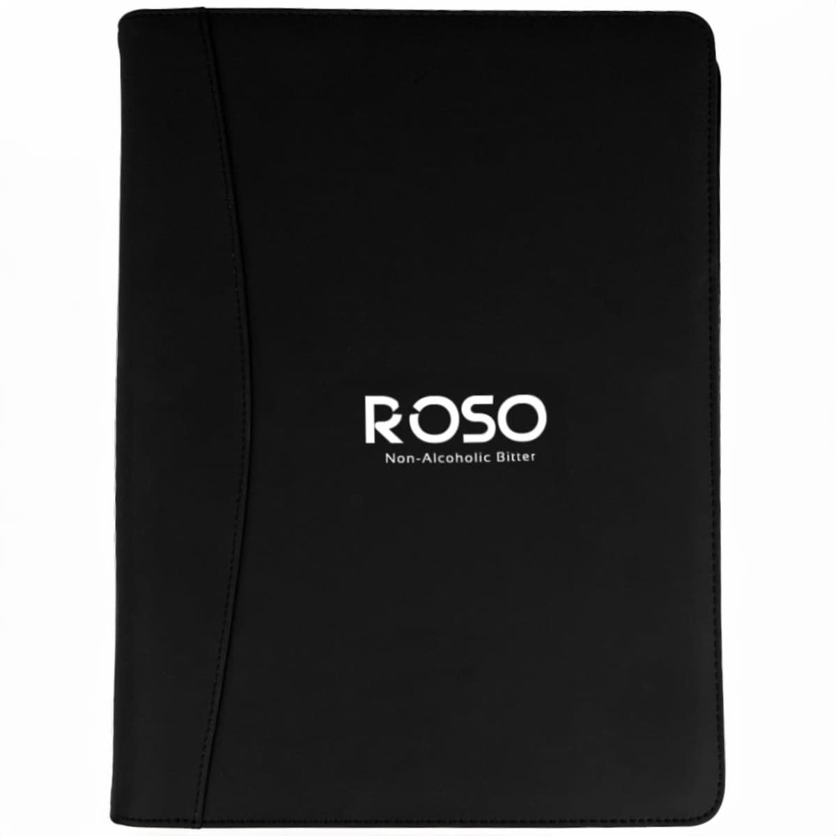 A black folder with a curved design on the left side. The front features the text ROSO Non-Alcoholic Bitter in white, centered.