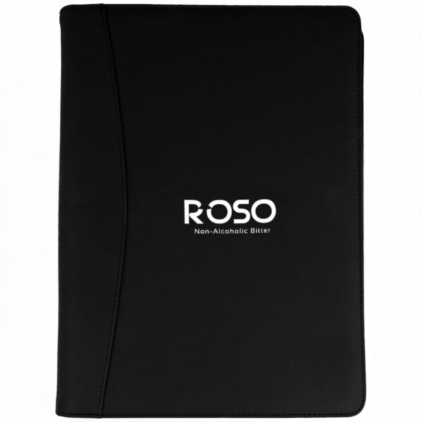 A black rectangular folder with ROSO Non-Alcoholic Bitter printed in white on the front. The folder has a subtle curved line design on the left side.