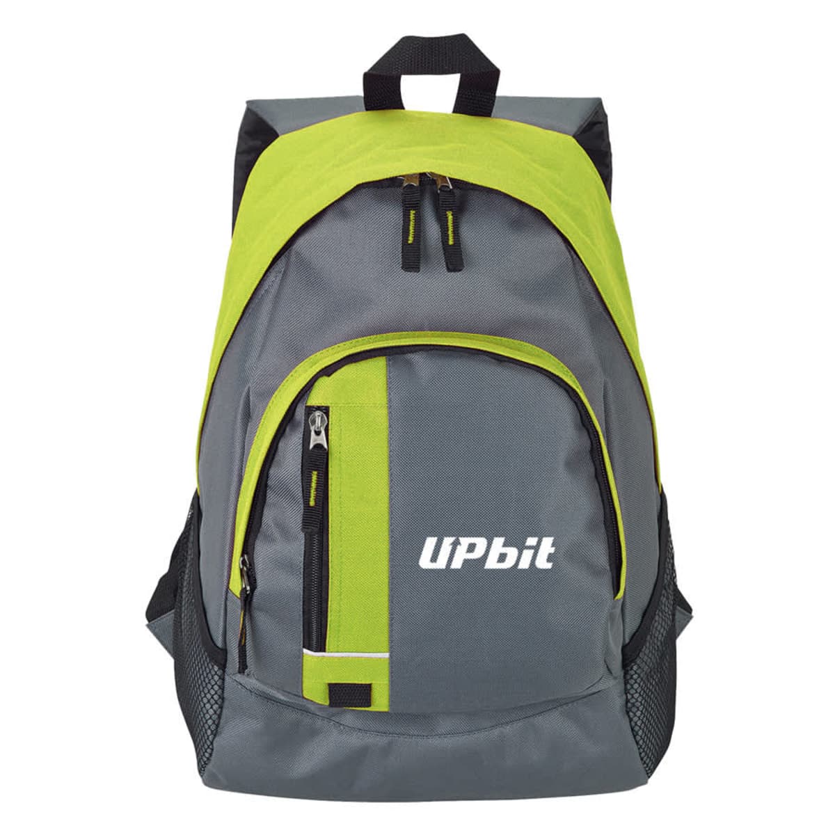 Gray and lime green backpack with a front zip pocket and side mesh pockets. The backpack features a handle and adjustable shoulder straps. The word UPbit is printed on the front pocket.