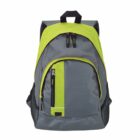 A gray and lime green backpack with a zippered front pocket and mesh side pockets. It has a handle on top and adjustable shoulder straps.