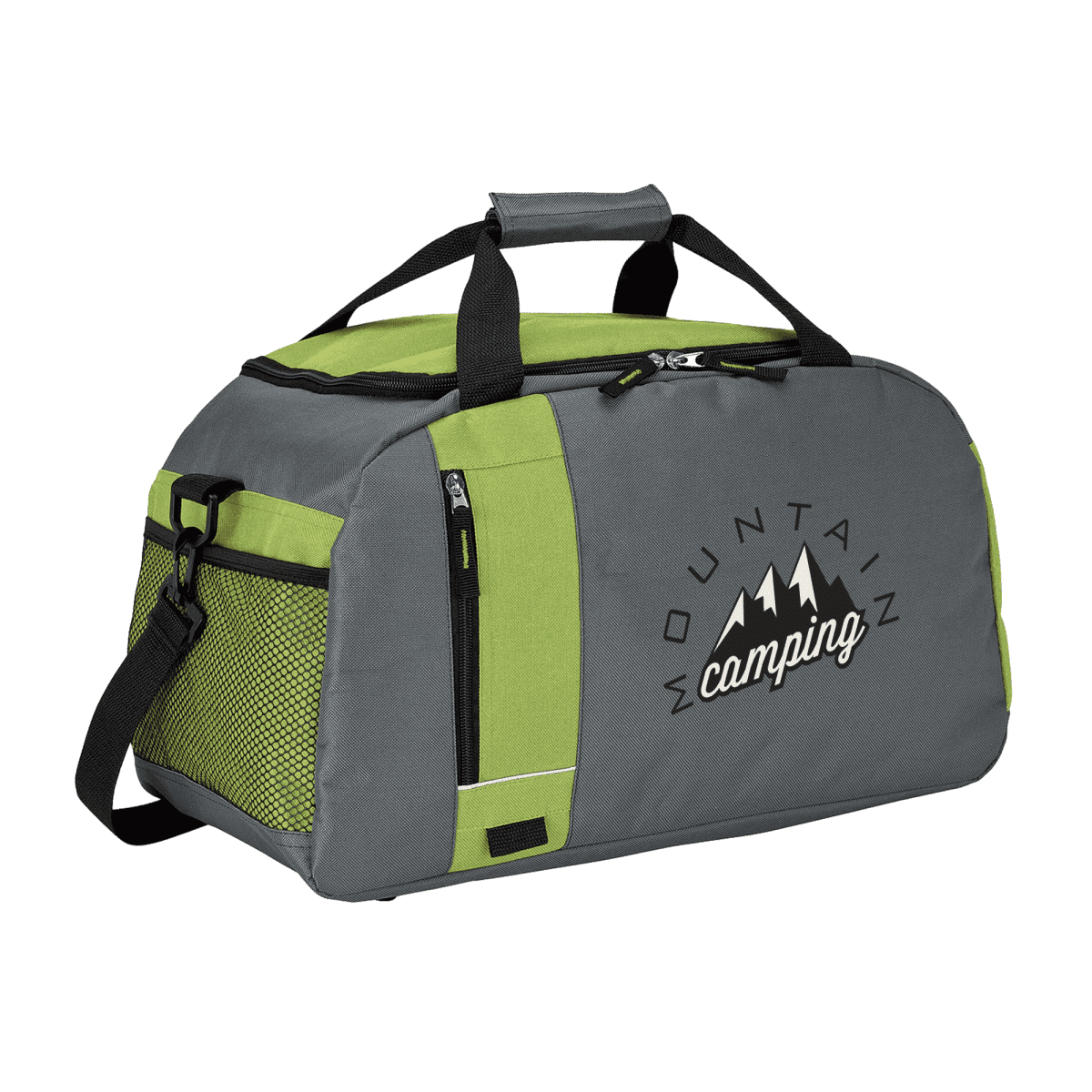 A gray and green duffel bag with black handles and a shoulder strap. The side features a mesh pocket, a zippered pocket, and a design of three white mountains with the words Mountain Camping in a circular layout.