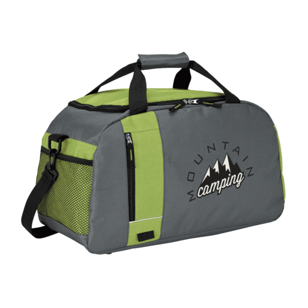A gray and green duffel bag with a black handle and shoulder strap. The bag features a mountain logo design on the side with the words Mountain Camping. It has mesh side pockets and a front zipper pocket.