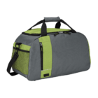 A gray and green duffel bag with a black shoulder strap. The bag has a front zipper pocket, a side mesh pocket, and dual handles with a snap closure at the top.