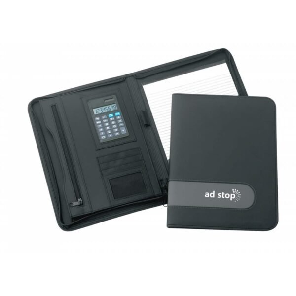 A black portfolio folder is open, revealing a calculator, pen holder, and a lined notepad. The front cover reads ad stop with a logo. The folder features compartments for documents and cards.