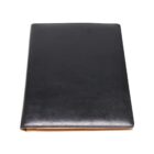 A closed, black leather portfolio folder on a white background.