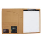 A tan leather portfolio folder open to reveal a lined notepad on the right side labeled MEMO and a section on the left with a built-in calculator, card slots, and a transparent ID slot.