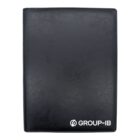 Black leather folder with GROUP-IB logo in white at the bottom right corner.