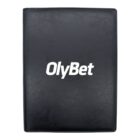 A black notebook with the word OlyBet printed in white on the front cover.