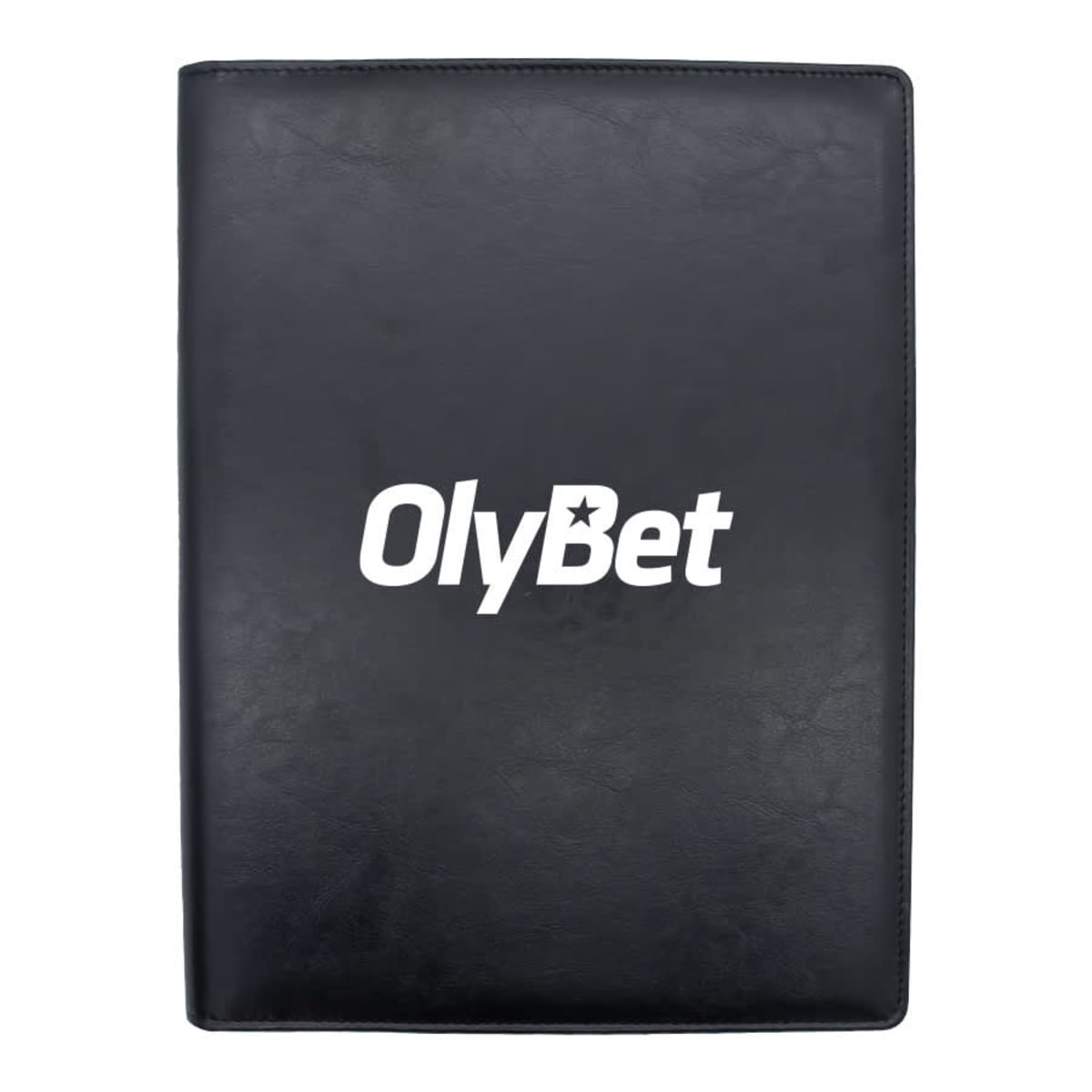 A black notebook with the word OlyBet printed in white on the front cover.