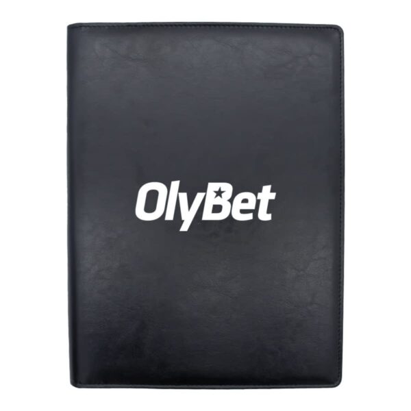 Black leather-bound folder with the word OlyBet in white letters on the front. The surface appears smooth and polished.
