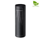 A black cylindrical container standing upright with a minimalist white line drawing on its front. A green leaf icon with CO2 Neutral text is in the top right corner, indicating the products eco-friendliness.