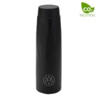 A sleek, black thermos bottle with a circular logo on the side. The top is a screw-on lid. In the top right corner, theres a small green and white CO2 Neutral label with a leaf design.