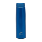 A shiny blue insulated water bottle with the brand name gust and a stylized wave logo printed near the bottom. The bottle has a screw-on cap and a sleek, cylindrical design.