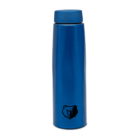 A blue water bottle featuring a small bear logo near the bottom.