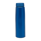 A tall, shiny blue thermos bottle with a cap stands against a plain white background. Its smooth surface reflects light, emphasizing the bottles glossy finish and simple design.