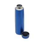 A tall, blue stainless steel thermos bottle with the lid placed beside it. The bottles top is open, showing its silver inside. The background is plain white.
