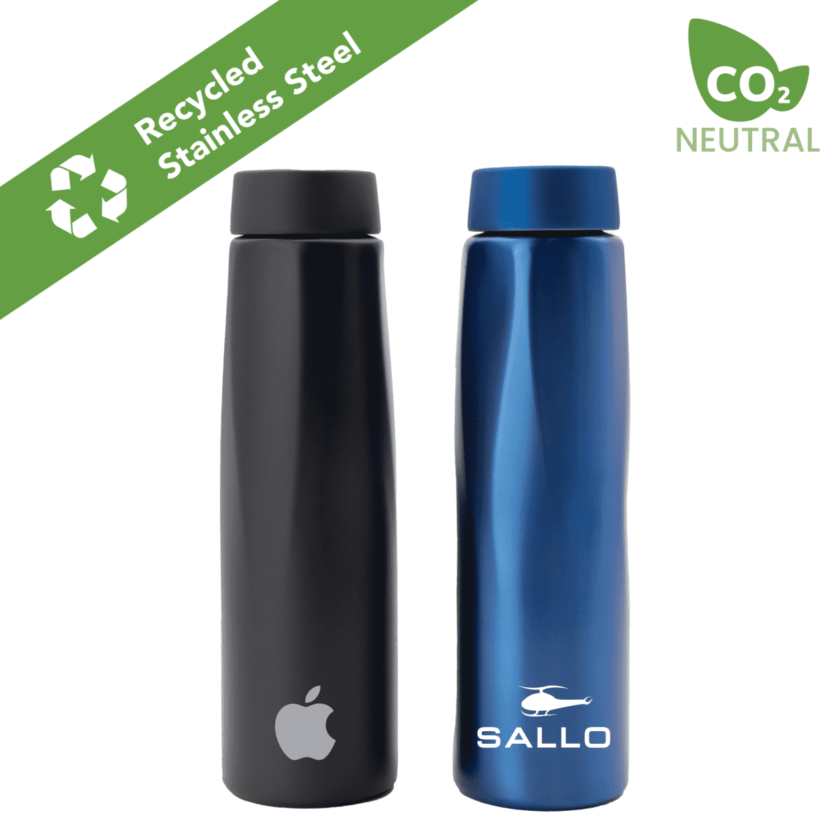 Two stainless steel water bottles side by side. The black one features a silver apple logo, while the blue one has a white text logo. A Recycled Stainless Steel label and CO2 Neutral logo are at the top left and right, respectively.