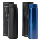 Two sleek, cylindrical thermoses are shown: one black and one blue. Each has a matching lid and is paired with a tall, cylindrical packaging box in the background. The boxes have simple line drawings on them.