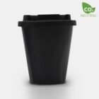 Black reusable cup with a lid against a white background. A CO2 Neutral label with a green leaf and text is on the top right corner.