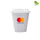A white reusable cup with the Mastercard logo on it, featuring red and orange overlapping circles and the word mastercard below. Theres a CO2 Neutral badge in the top right corner.