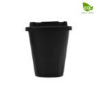 Black reusable coffee cup with a lid in the center. A green CO2 Neutral logo is in the top right corner, featuring a leaf design. The background is white.