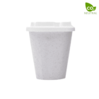 White biodegradable coffee cup with a lid and speckled texture. Green CO2 Neutral label with a leaf symbol in the top right corner. The cup is displayed against a plain white background.