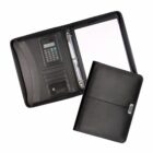 Black leather portfolio folder with zipper, featuring a built-in calculator, pockets for business cards, and a three-ring binder inside. It includes a pad of paper on the right side and is displayed opened and closed.