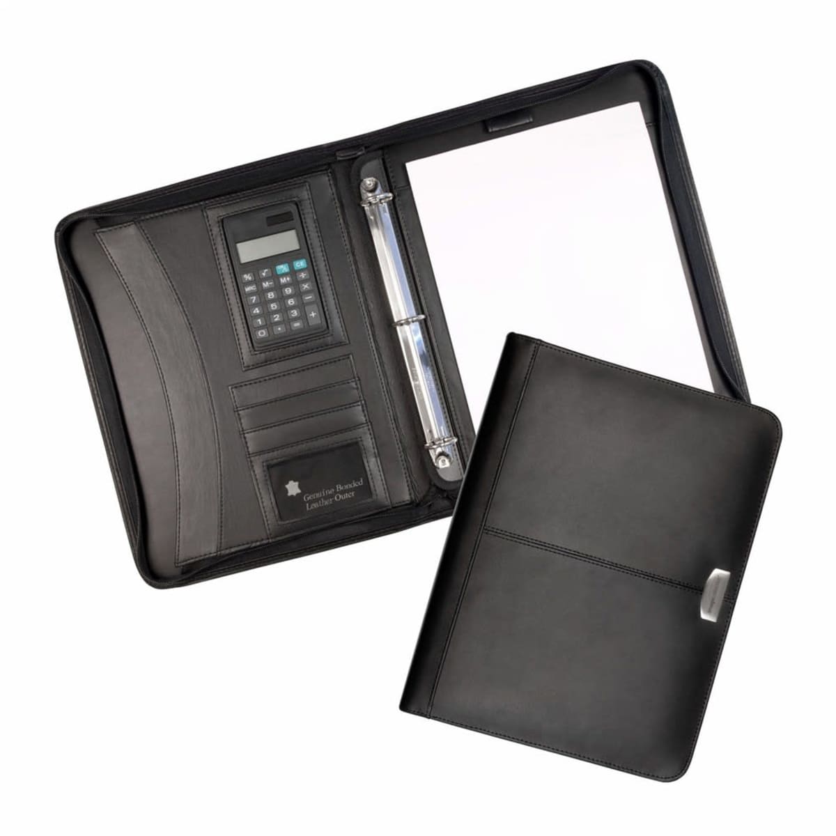 Black leather portfolio folder with zipper, featuring a built-in calculator, pockets for business cards, and a three-ring binder inside. It includes a pad of paper on the right side and is displayed opened and closed.