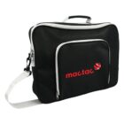 A black laptop bag with white zippers and an adjustable white shoulder strap. The bag features a front pocket and has mactac with a logo printed in red on the front.