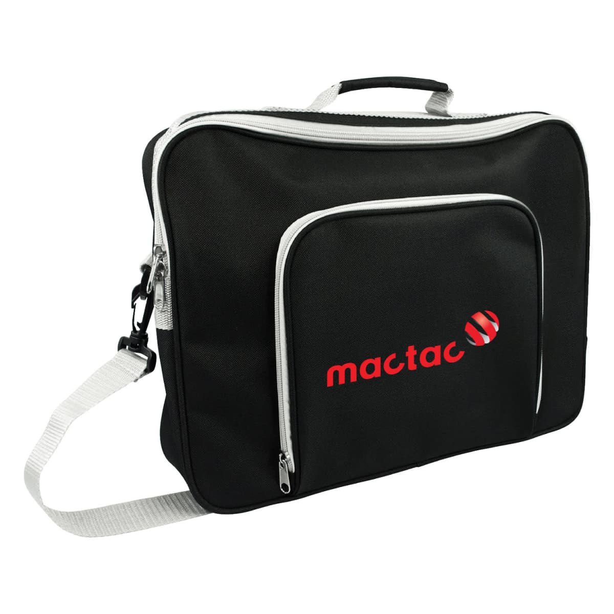 A black laptop bag with white zippers and an adjustable white shoulder strap. The bag features a front pocket and has mactac with a logo printed in red on the front.