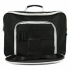 A black laptop bag with white zippers and a handle. The front pocket is open, revealing multiple compartments for organizing items. The bag has a sleek, rectangular design.