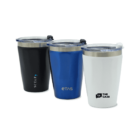 Three insulated travel mugs with lids are displayed side by side. From left to right, the mugs are black, blue, and white, each with a different logo printed on them. They feature stainless steel rims and clear plastic lids.