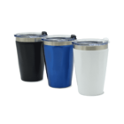 Three insulated travel mugs with clear lids are displayed. From left to right, the mugs are black, blue, and white. Each has a shiny metal band near the top and a translucent lid with a sliding closure feature.